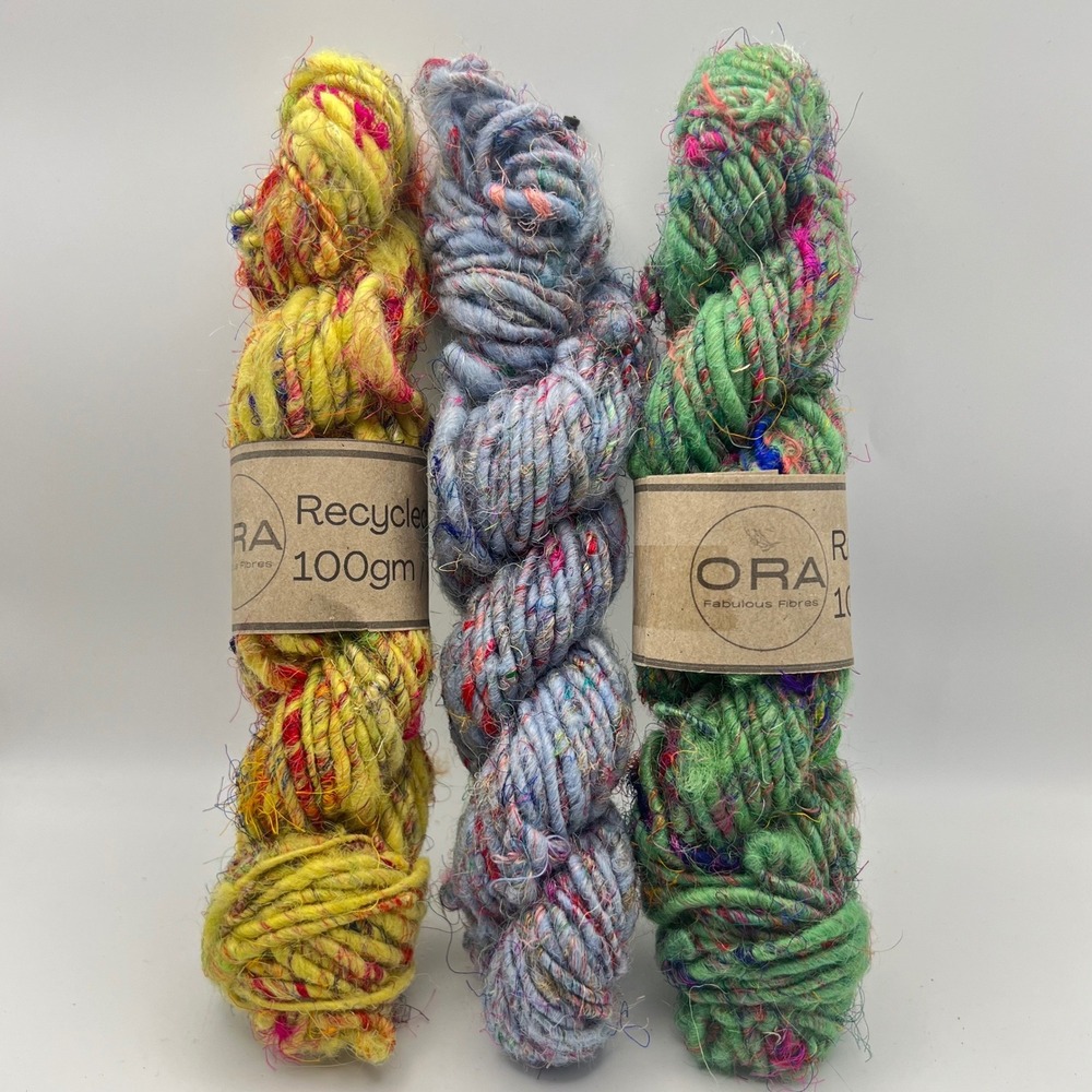 ORA Recycled Wool and Silk Yarn Mixed Color Lot of 3 Greens Blues Yellows New